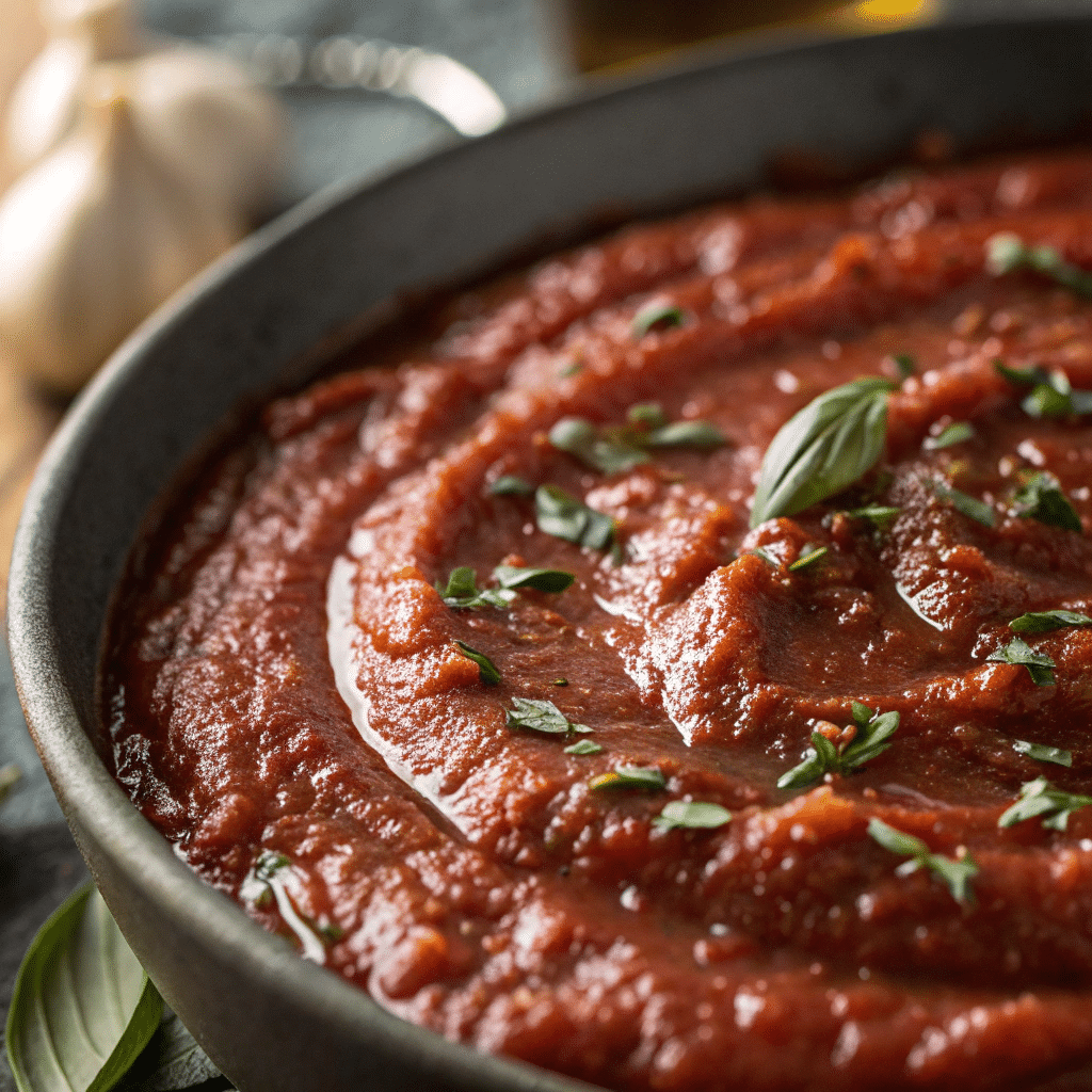 A close-up photo of a thick, glossy tomato paste pizza sauce