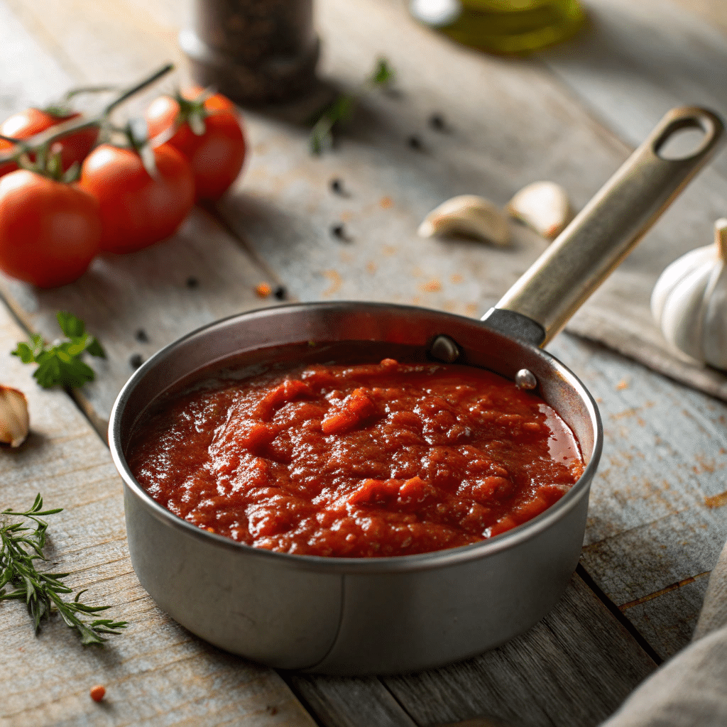 homemade pizza sauce, simmering in a small saucepan on a rustic wooden table