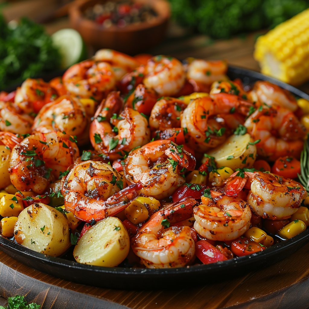 seafood boil drizzled with Ultimate Seafood Boil Sauce