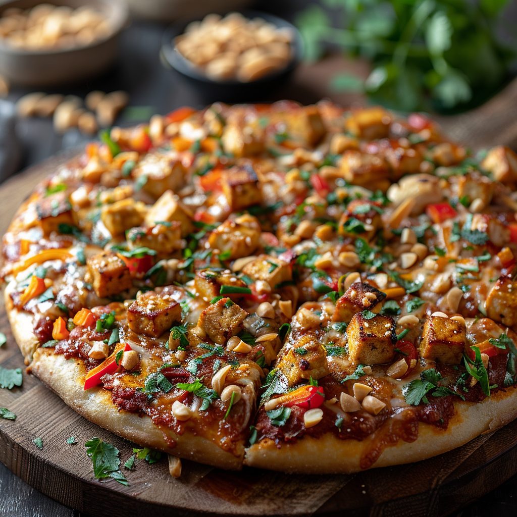 Vegan Thai Pizza with peanut sauce and colorful veggies