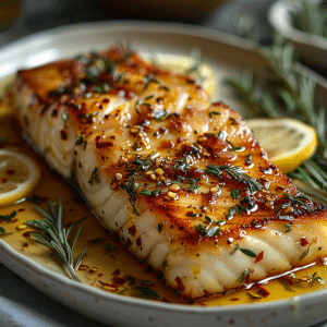 butter poached fish dish, garnished with fresh herbs and lemon slices