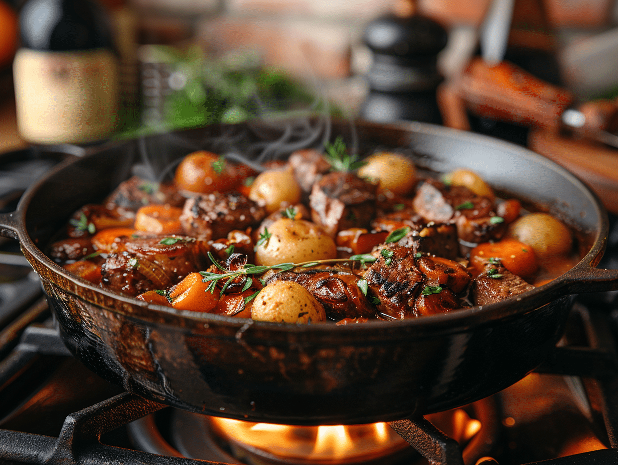 what is simmaring in cooking? Beef Bourguignon simmering in a pot