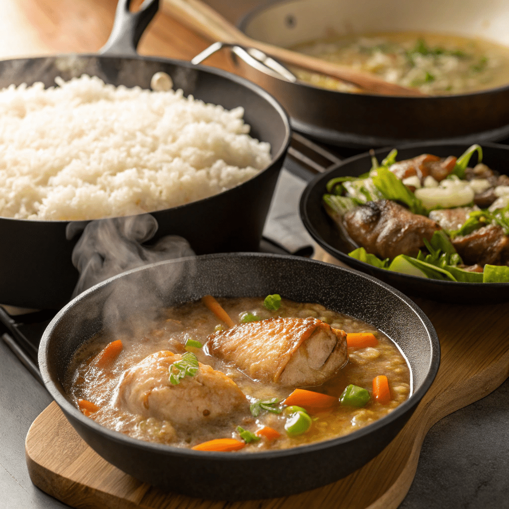 skillet with a juicy chicken thigh gently poaching in a savory broth