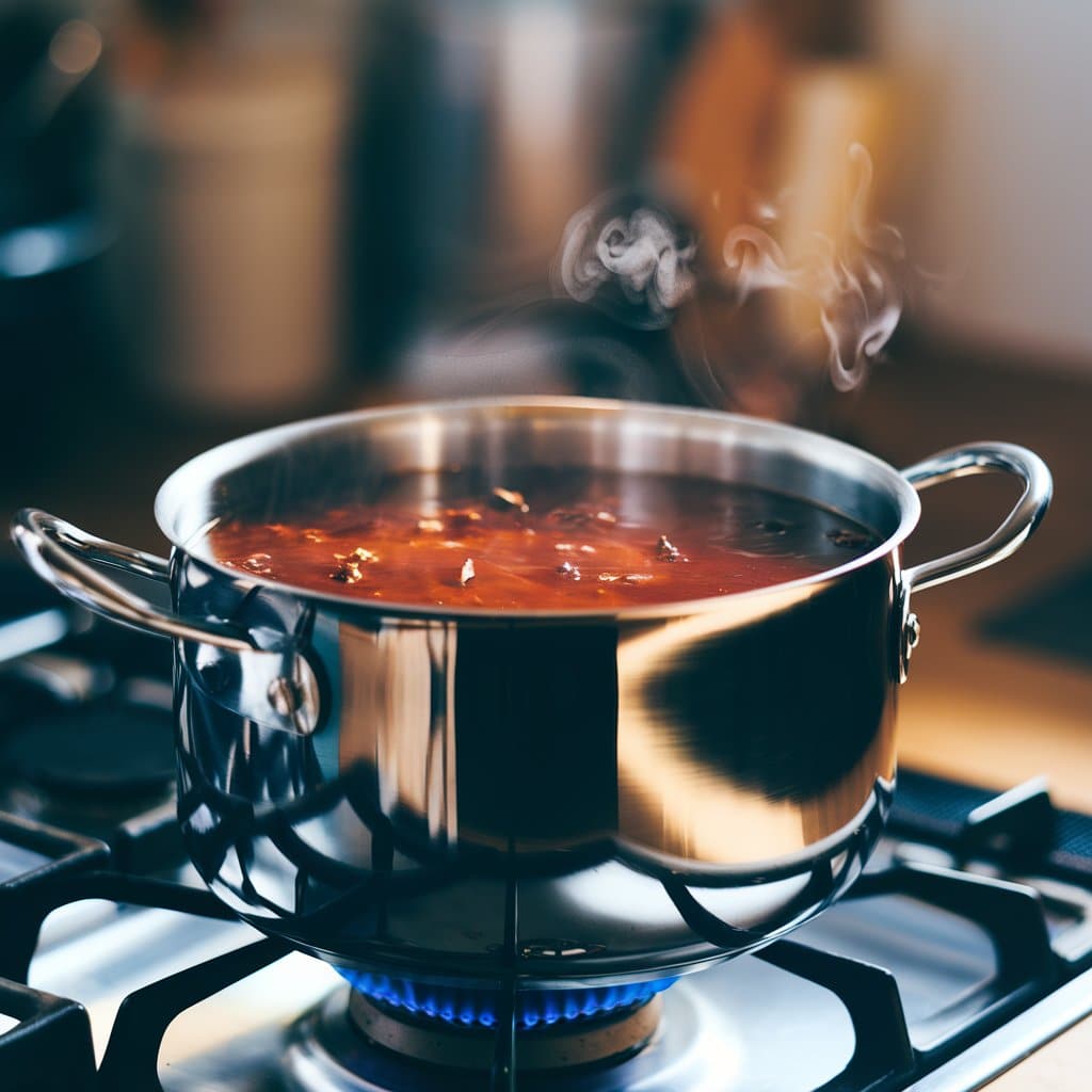 A simmering pot of liquid on a stove, with wisps of steam gently rising