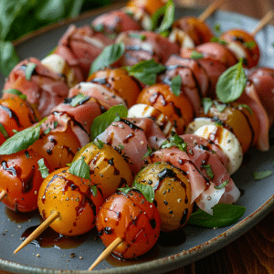 Caprese skewers with prosciutto