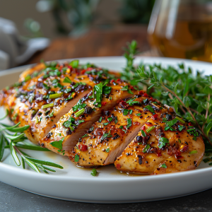 A perfectly cooked sous vide chicken breast, sliced and served on a white plate with a side of fresh herbs