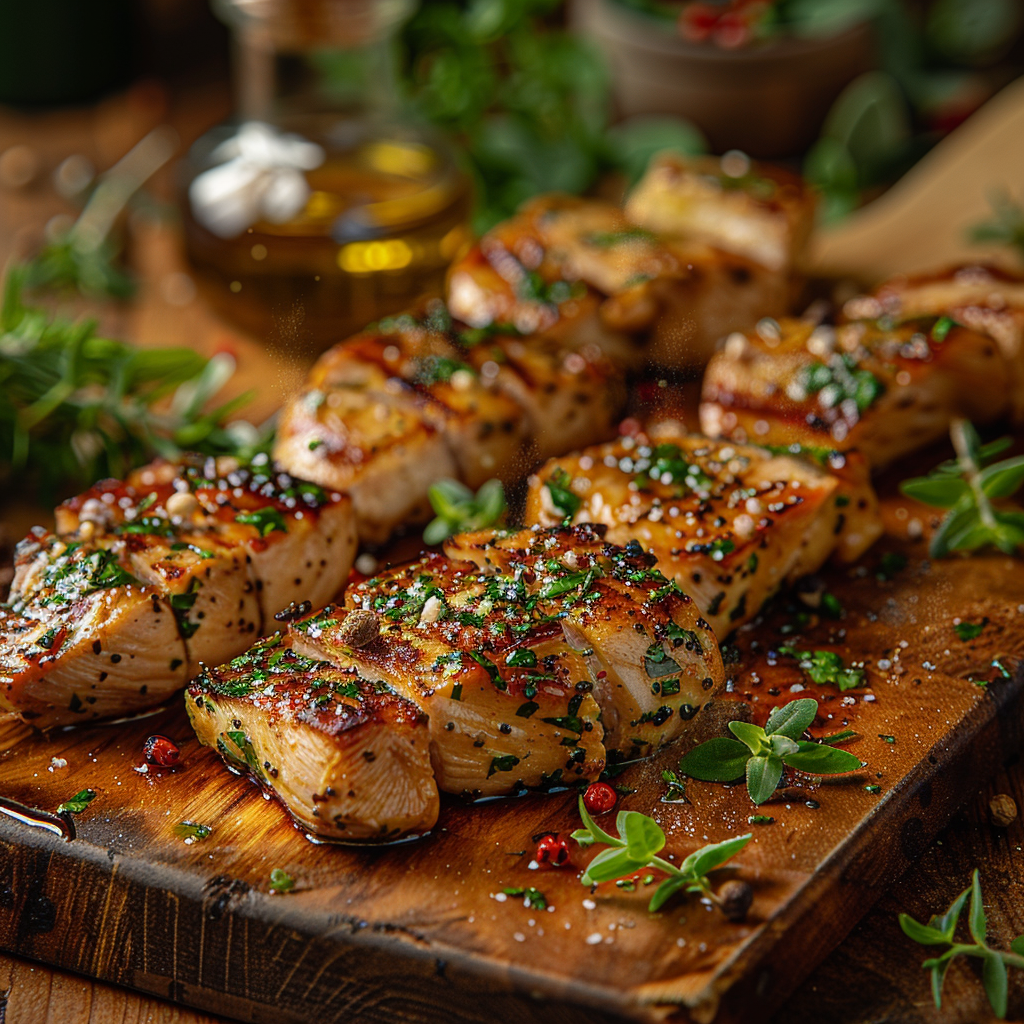 juicy sous vide chicken breast slices on a rustic wooden cutting board