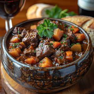 A steaming bowl of Beef Bourguignon