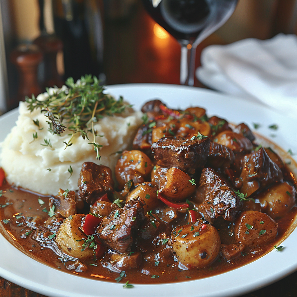 Beef Bourguignon in a restaurant setting