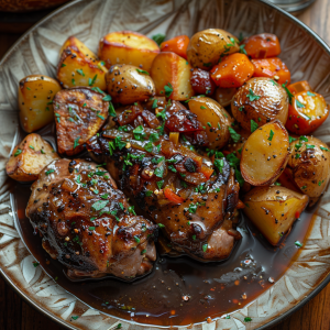 Coq au Vin, presented on a rustic wooden table