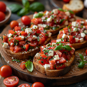 Tomato Basil Mozzarella Bruschetta on a rustic wooden table