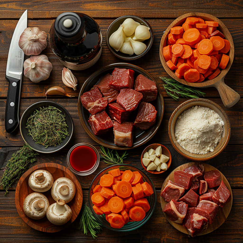 all the ingredients needed for Beef Bourguignon