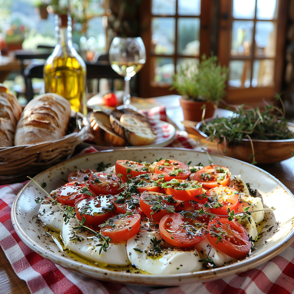 beautifully set table with a plate of Tomato Basil Mozzarella Bruschetta as the centerpiece