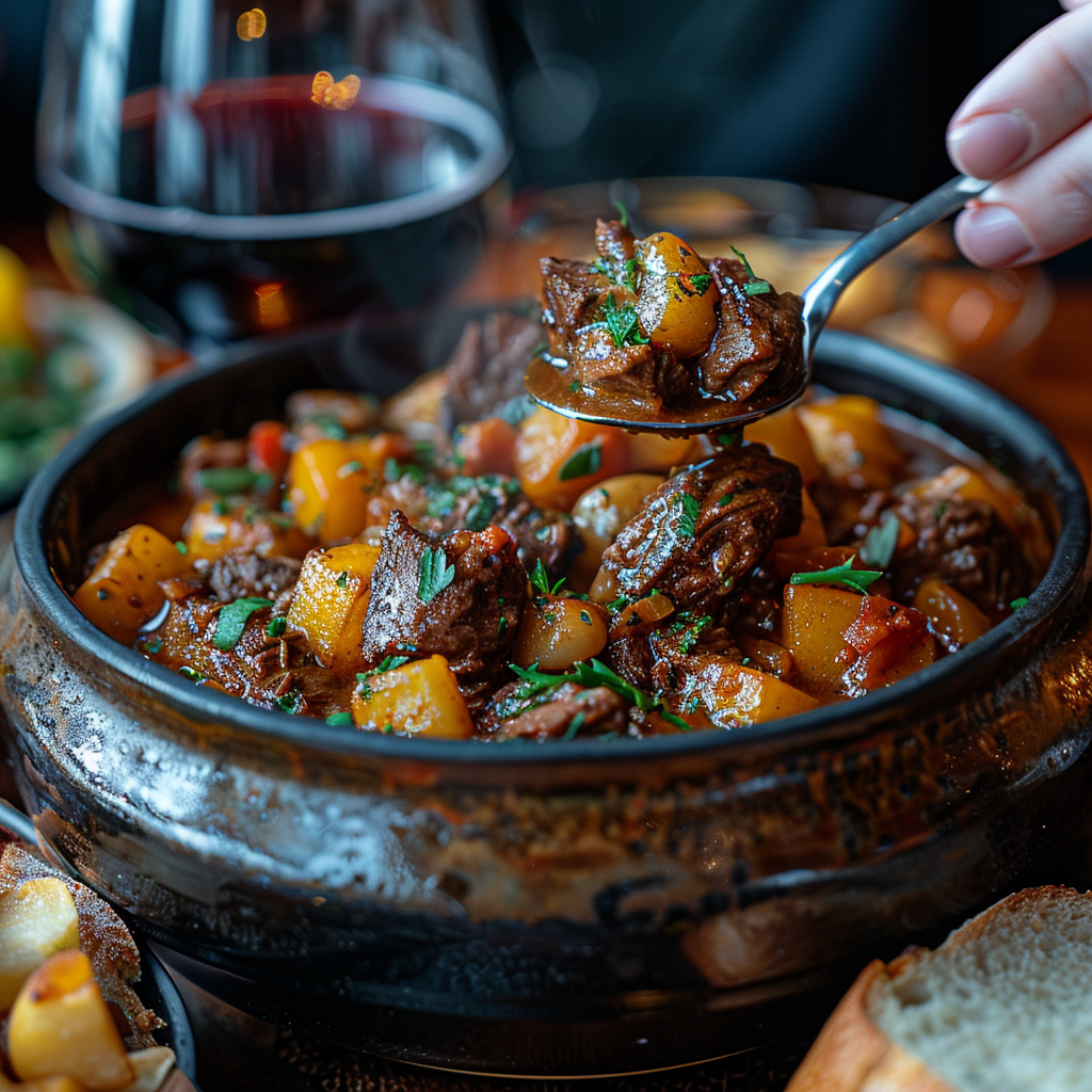 enjoying a serving of Beef Bourguignon