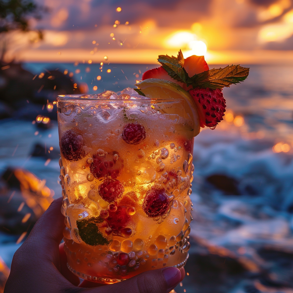 holding the Tropical Lychee Cocktail