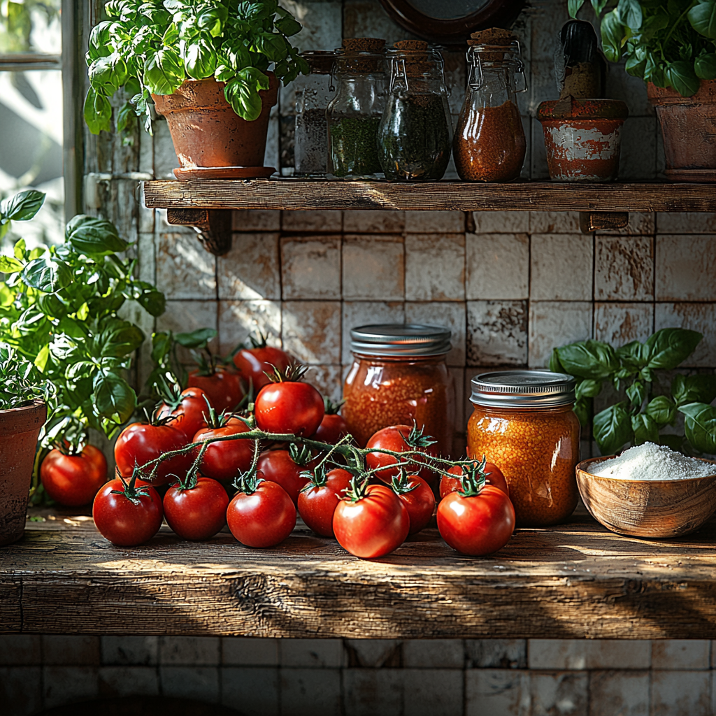 A rustic kitchen scene featuring fresh Roma and San Marzano tomatoes, a jar of tomato paste, and a small bowl of cornstarch, arranged neatly on a wooden counter