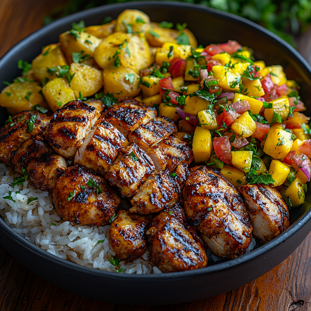 A table setting with spicy jerk chicken, coconut rice, fried plantains, and a mango avocado salad, displayed on a rustic wooden table.