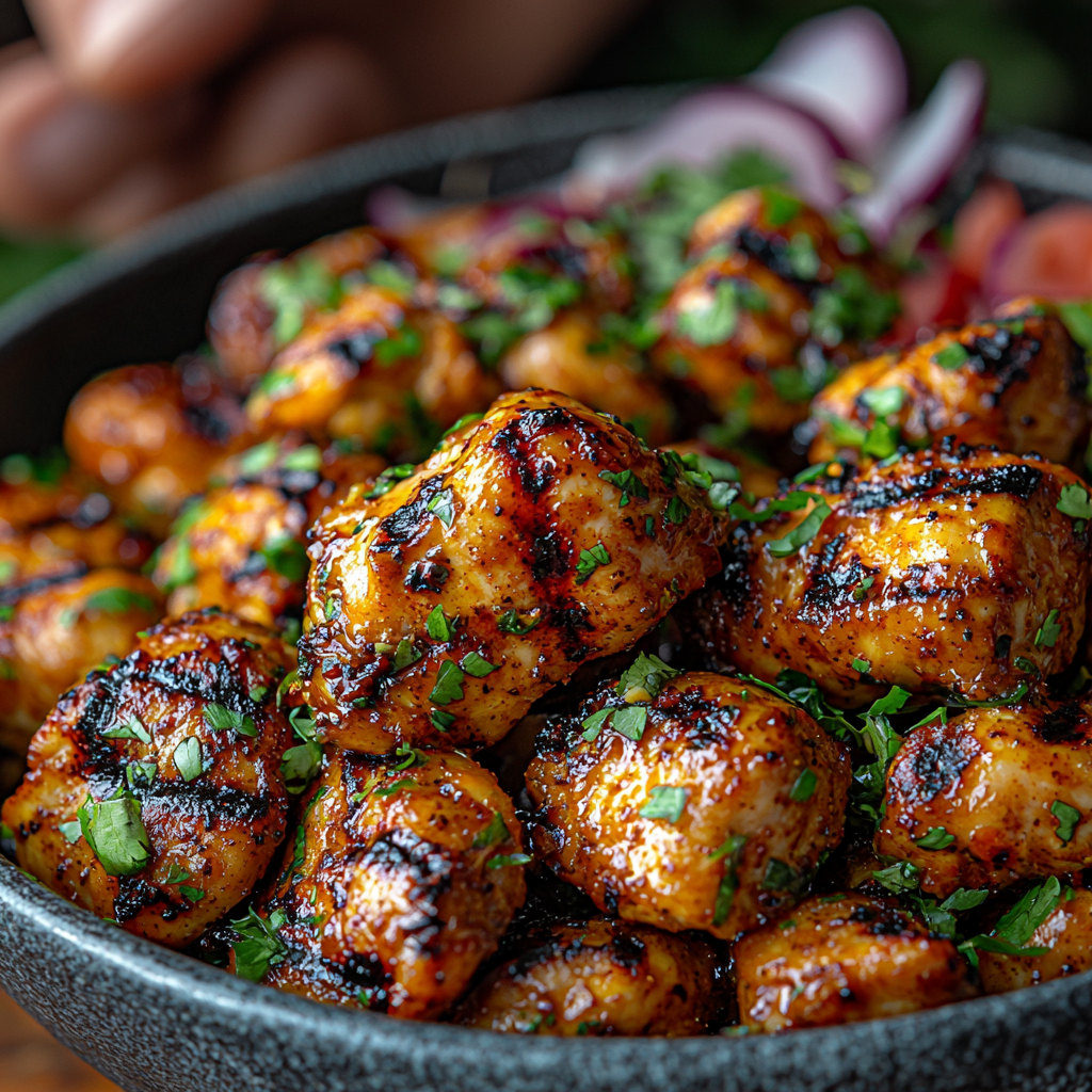 A close-up of a person taking a bite of juicy, spicy jerk chicken with visible grill marks, in a casual outdoor setting.