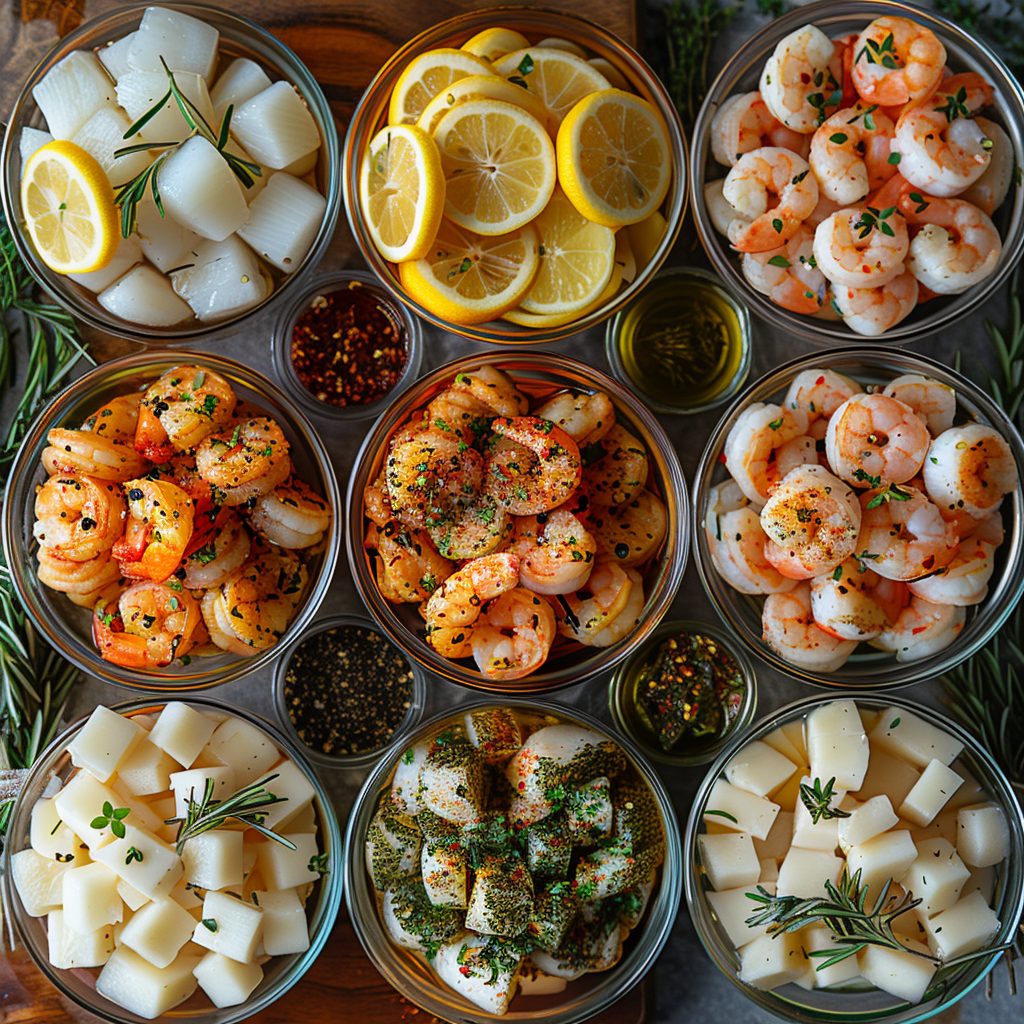 Freshly Marinated Seafood on a Preparation Table