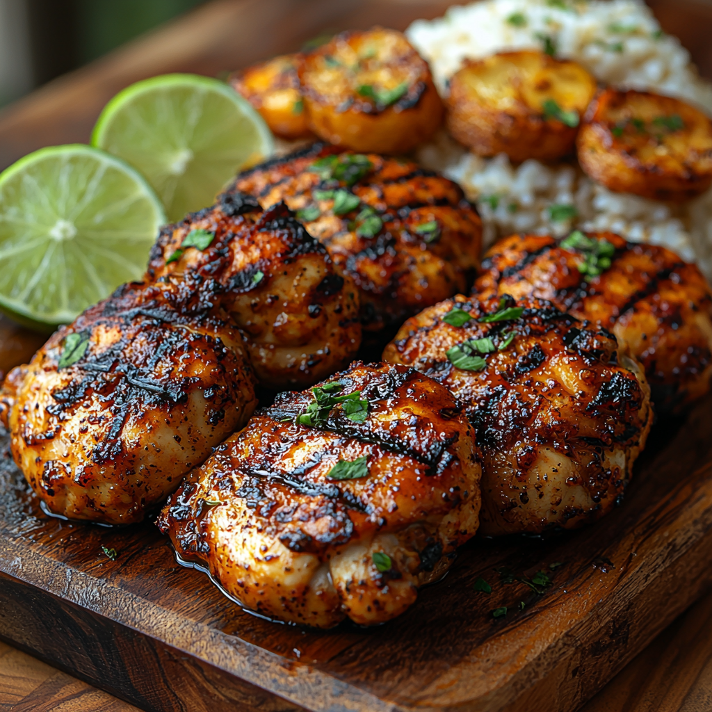 A plate of spicy jerk chicken grilled to perfection, served with coconut rice and fried plantains, garnished with fresh thyme and lime wedges on a wooden platter.