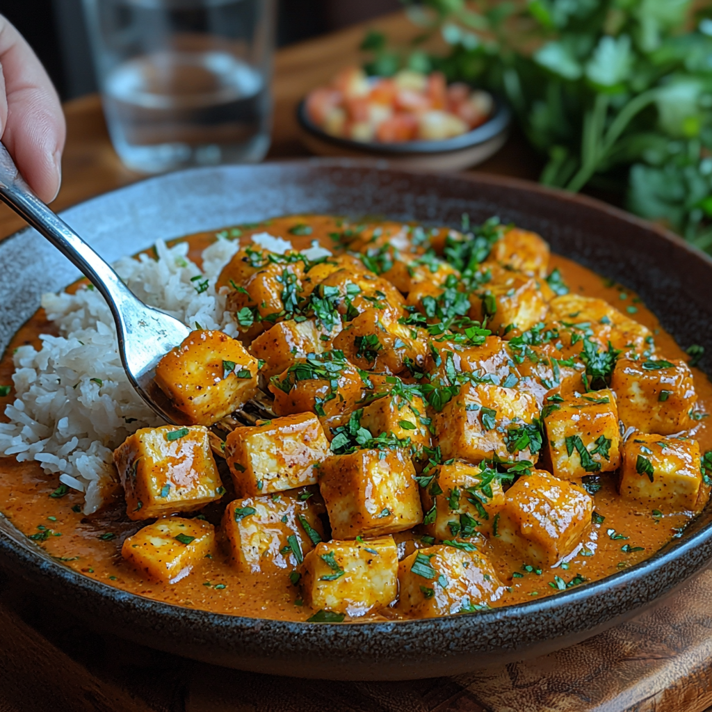 Mango Curry Tofu at a cozy dining table