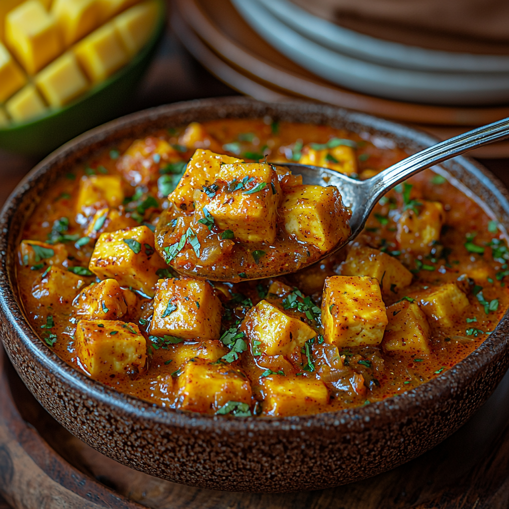 Vegan Mango Curry Tofu being served from a large bowl onto a plate