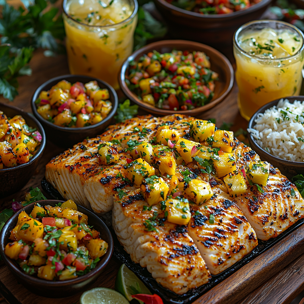 a platter of grilled mahi-mahi with pineapple salsa, surrounded by bowls of rice pilaf, grilled vegetables, and tropical drinks like mango margaritas