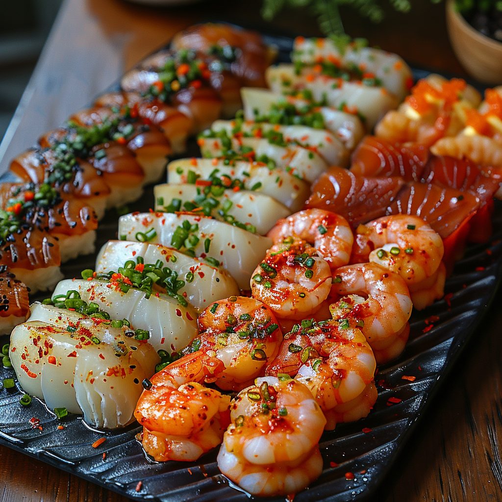beautifully arranged platter of various marinated seafood