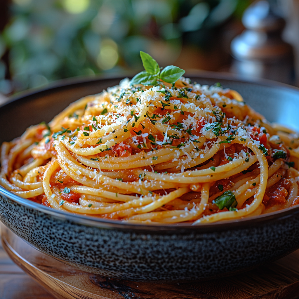 beautifully plated bowl of spaghetti with thick tomato sauce clinging to each strand, garnished with fresh basil and Parmesan cheese