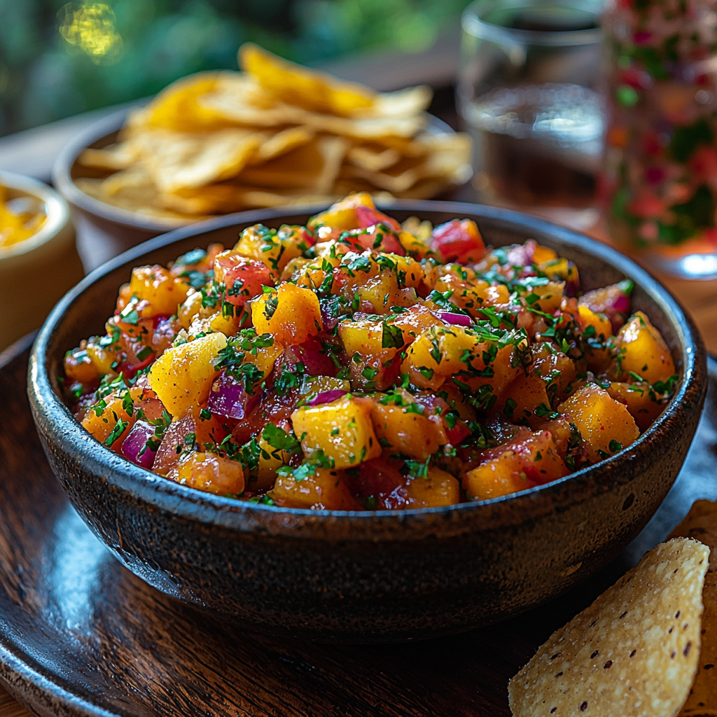 bowl of spicy mango salsa and chips