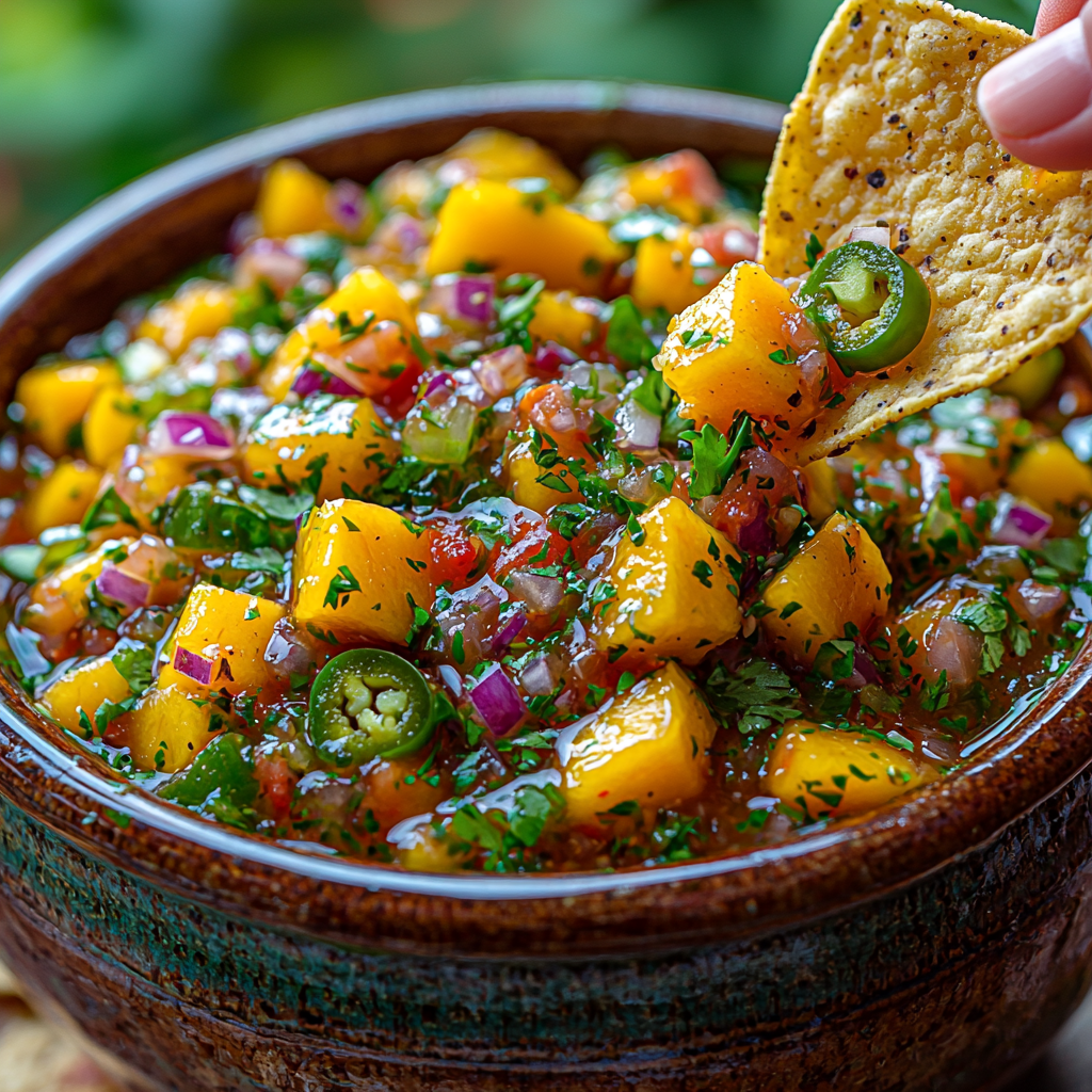 close-up image of a hand dipping a crispy tortilla chip into a colorful bowl of spicy mango salsa