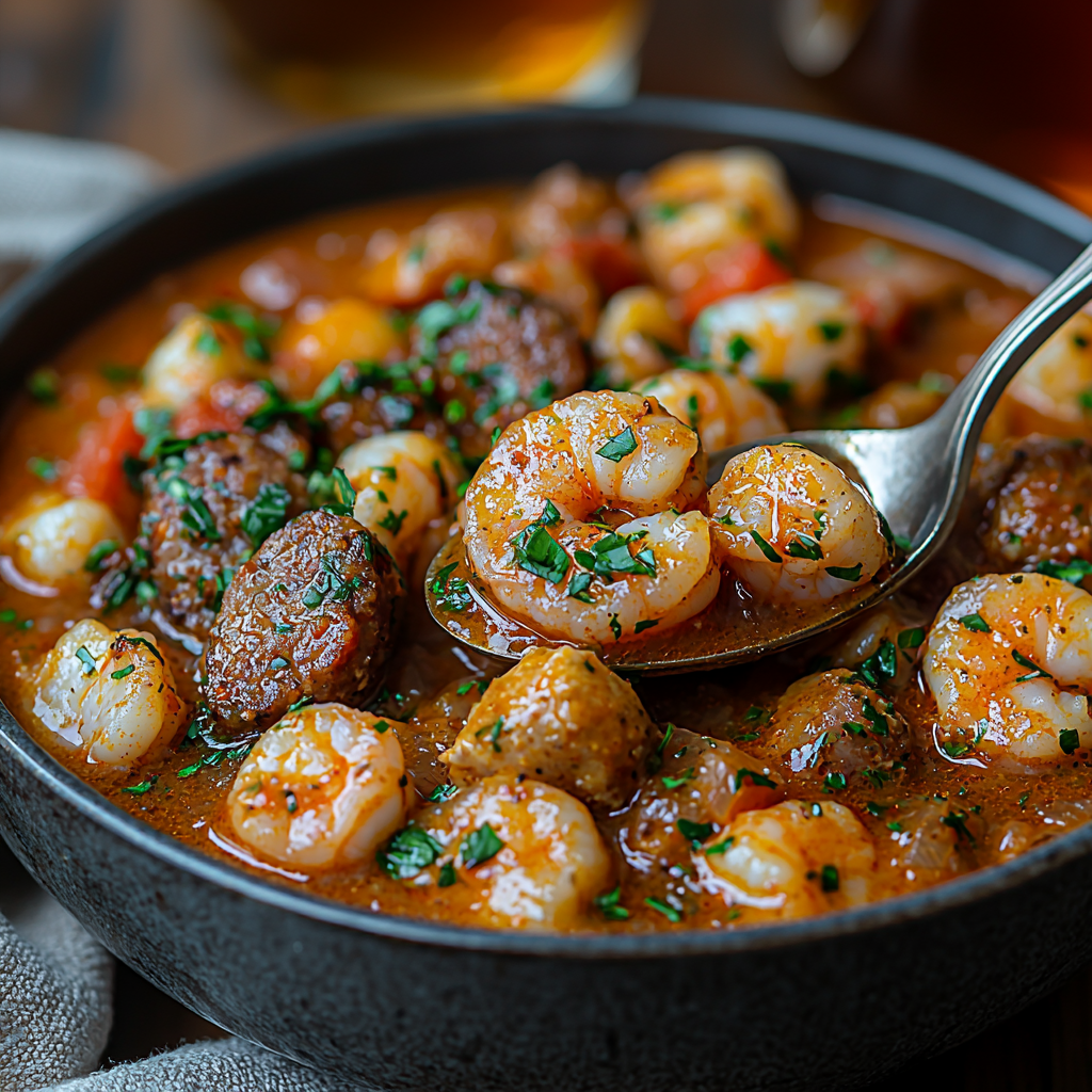 close-up of a spoon scooping up a bite of gumbo