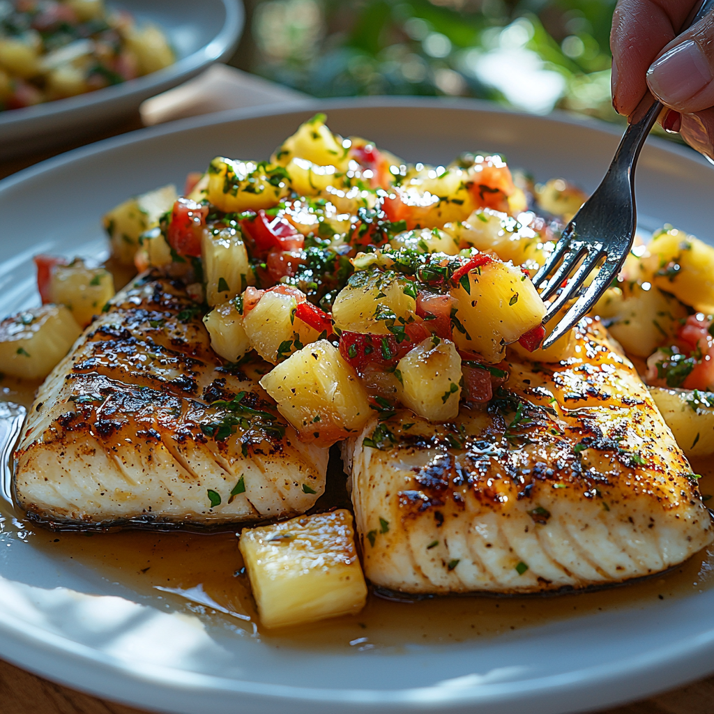 enjoying a plate of grilled mahi-mahi with pineapple salsa