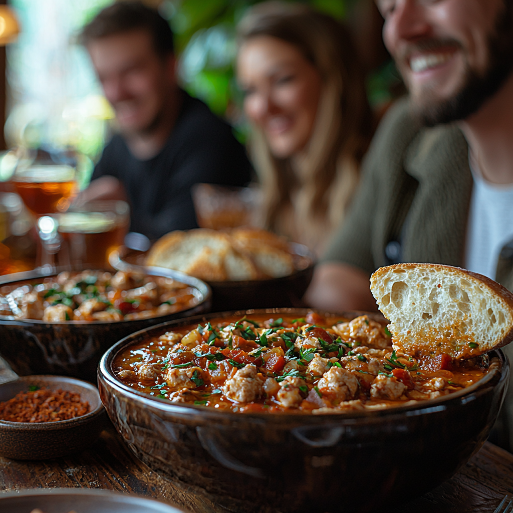 family dinner scene with people gathered around a table, each with a bowl of gumbo in front of them