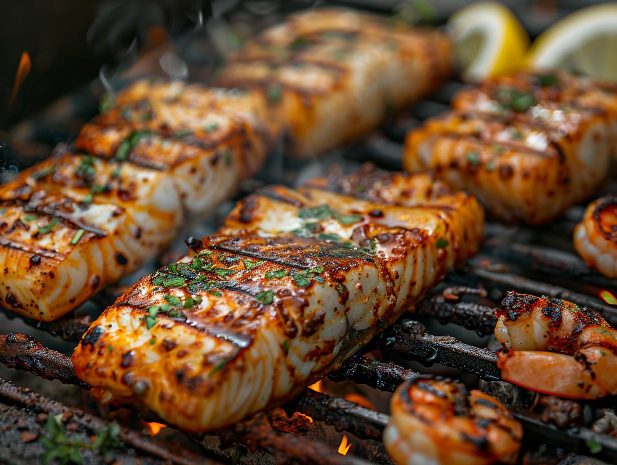 marinated seafood, including fish and shrimp, grilling outdoors