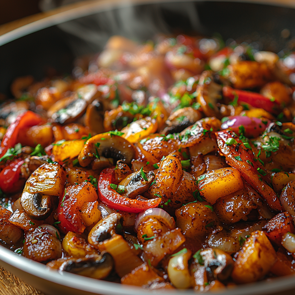 sautéing vegetables like bell peppers, onions, and mushrooms in a stainless steel pan with golden-brown edges