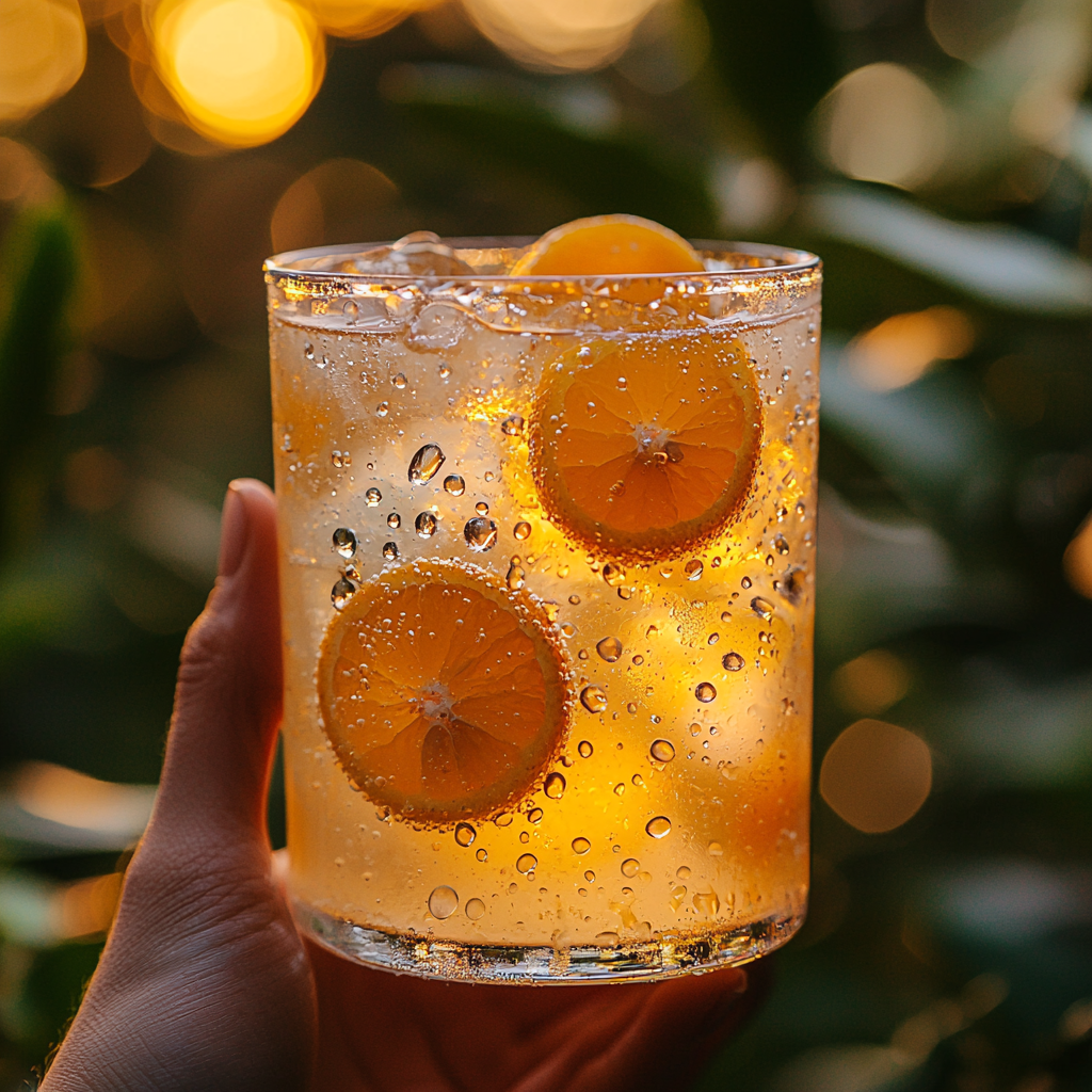 taking a sip of a kumquat cocktail on a sunny patio, the drink's vibrant colors contrasting with the blue sky and greenery in the background