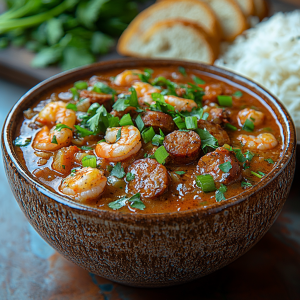 traditional Louisiana gumbo served in a rustic ceramic bowl