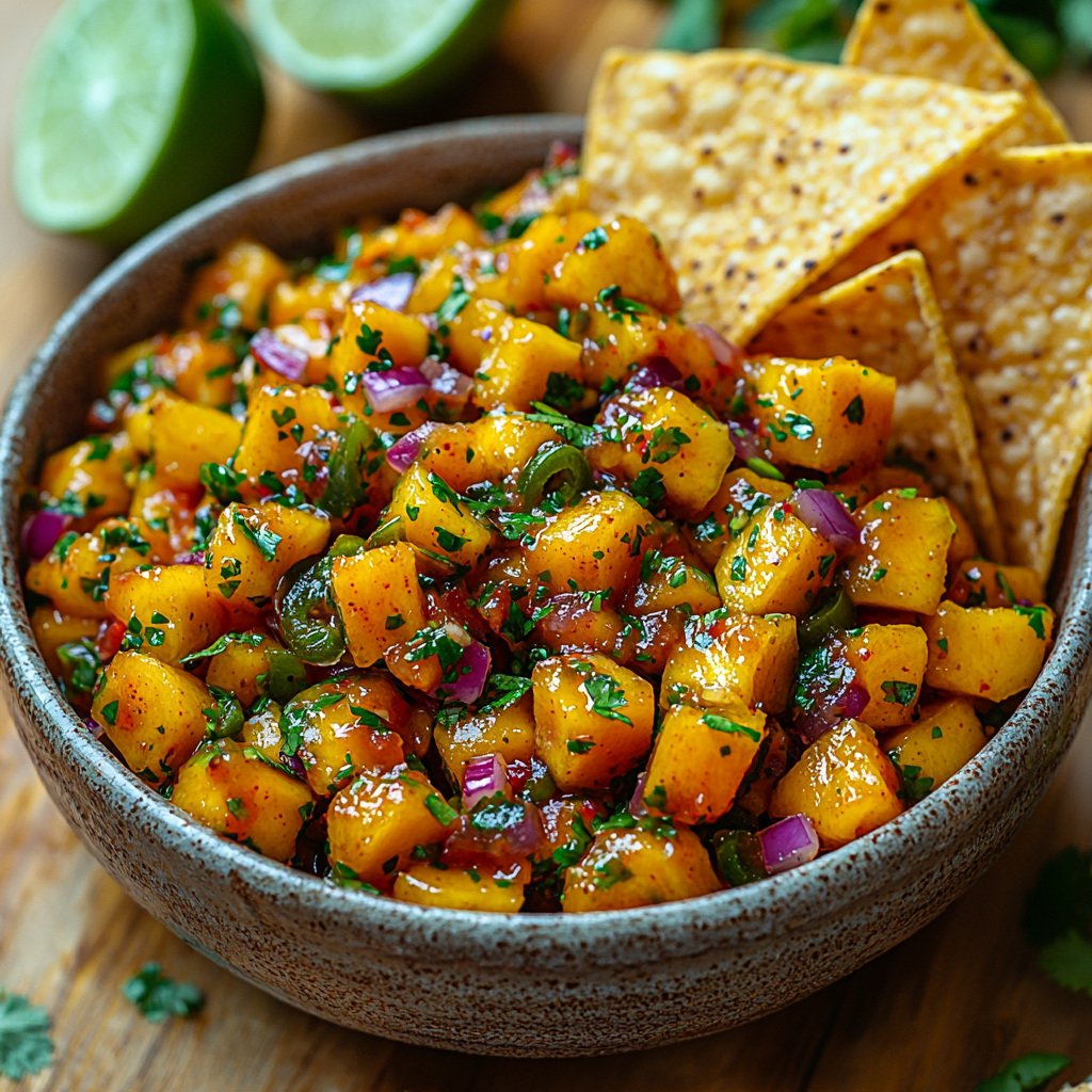 bowl of spicy mango salsa and chips