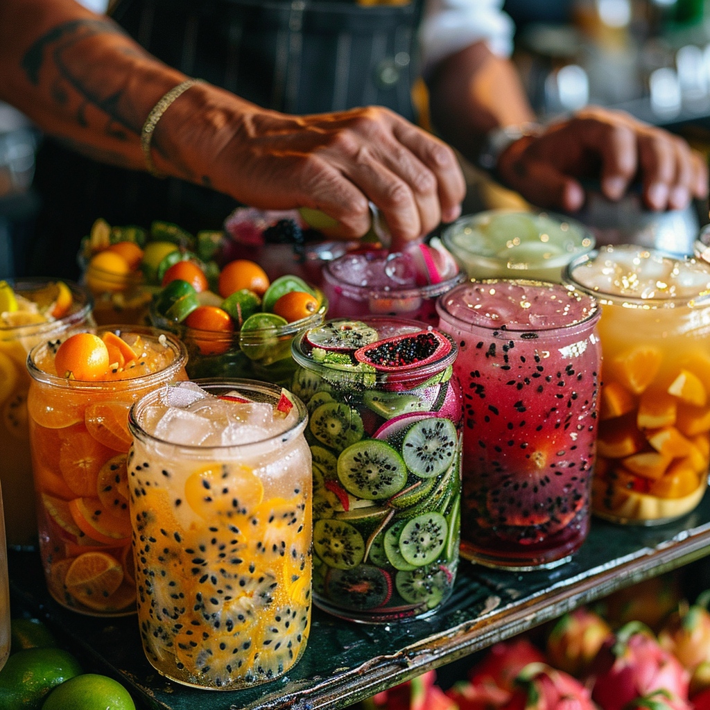 bartender's hands skillfully muddling fresh exotic fruits like passion fruit, dragon fruit, and kumquats