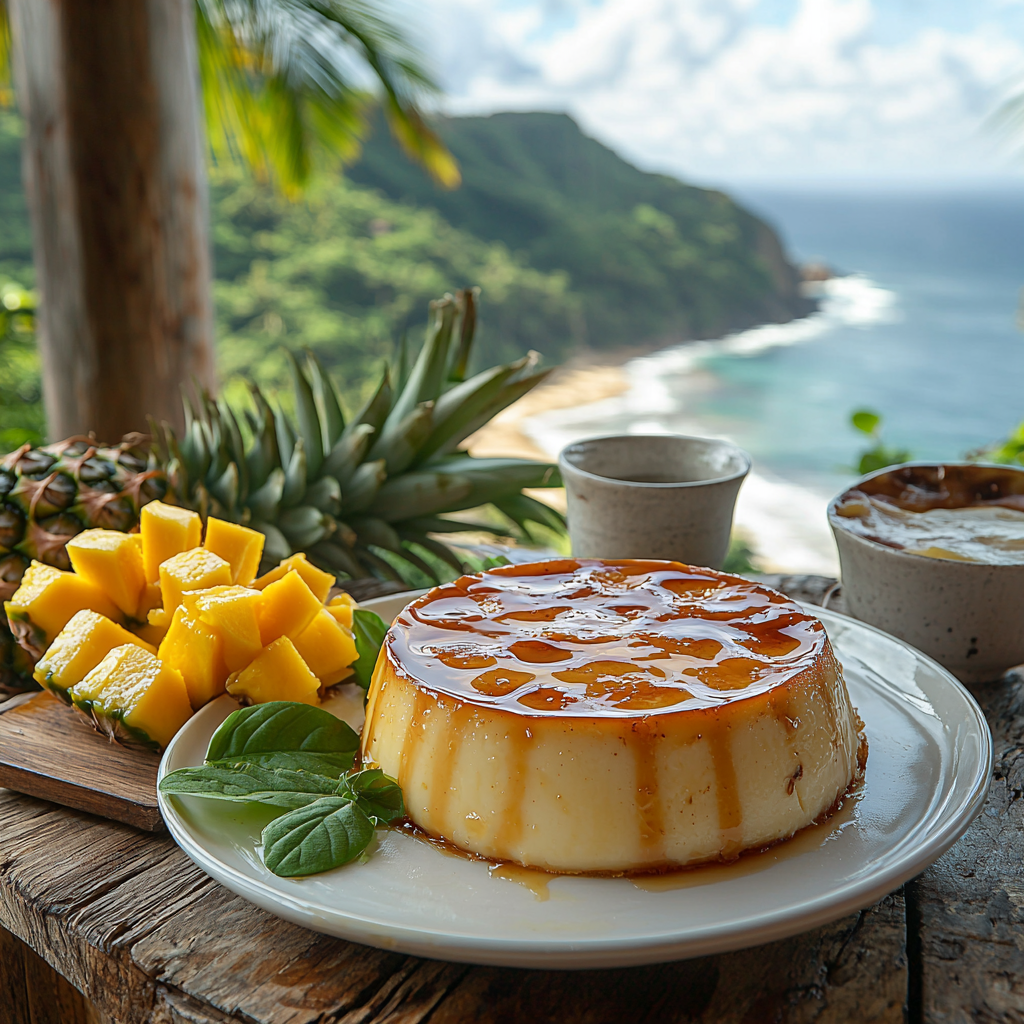 coconut flan is served at a tropical outdoor gathering