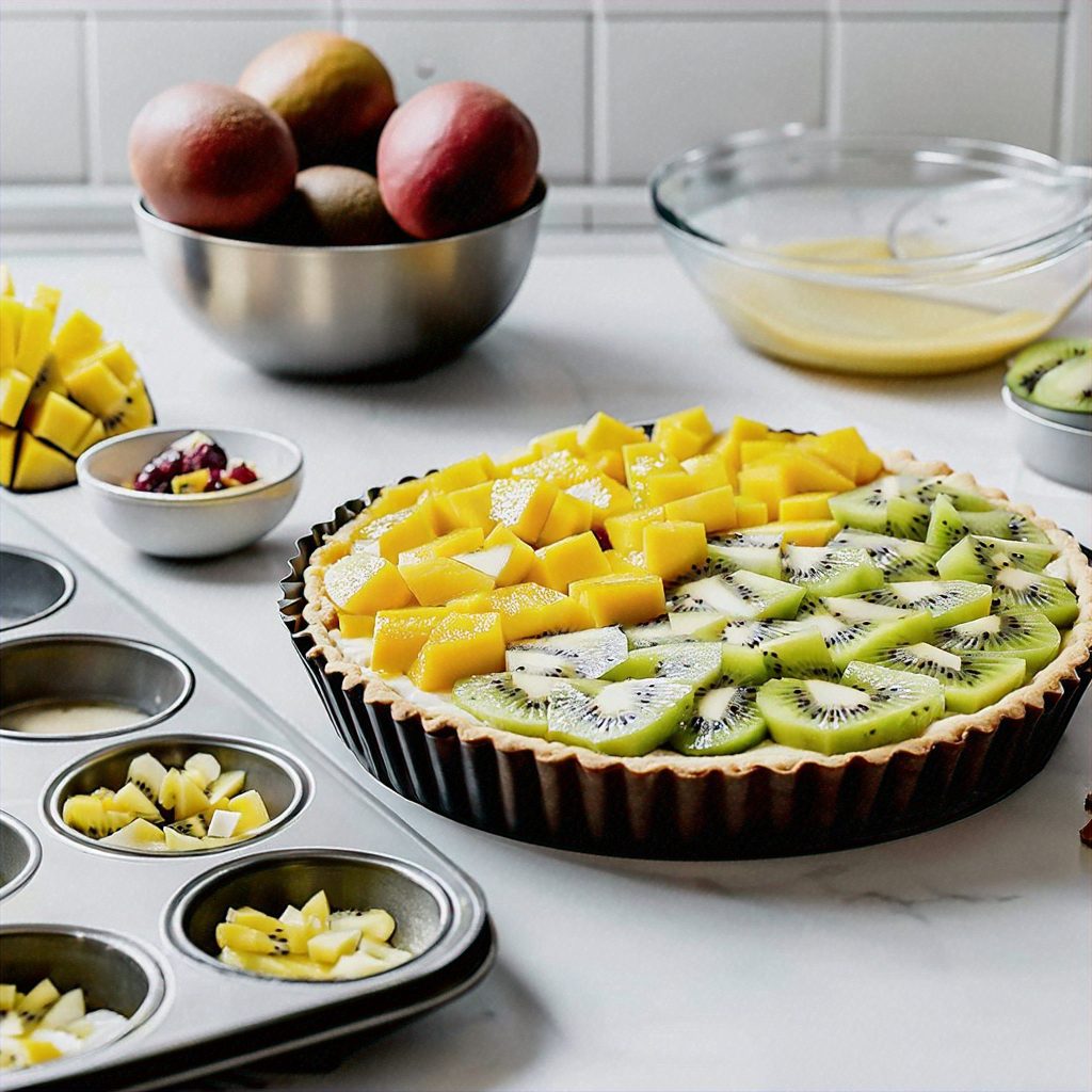 the preparation phase of an exotic fruit tart