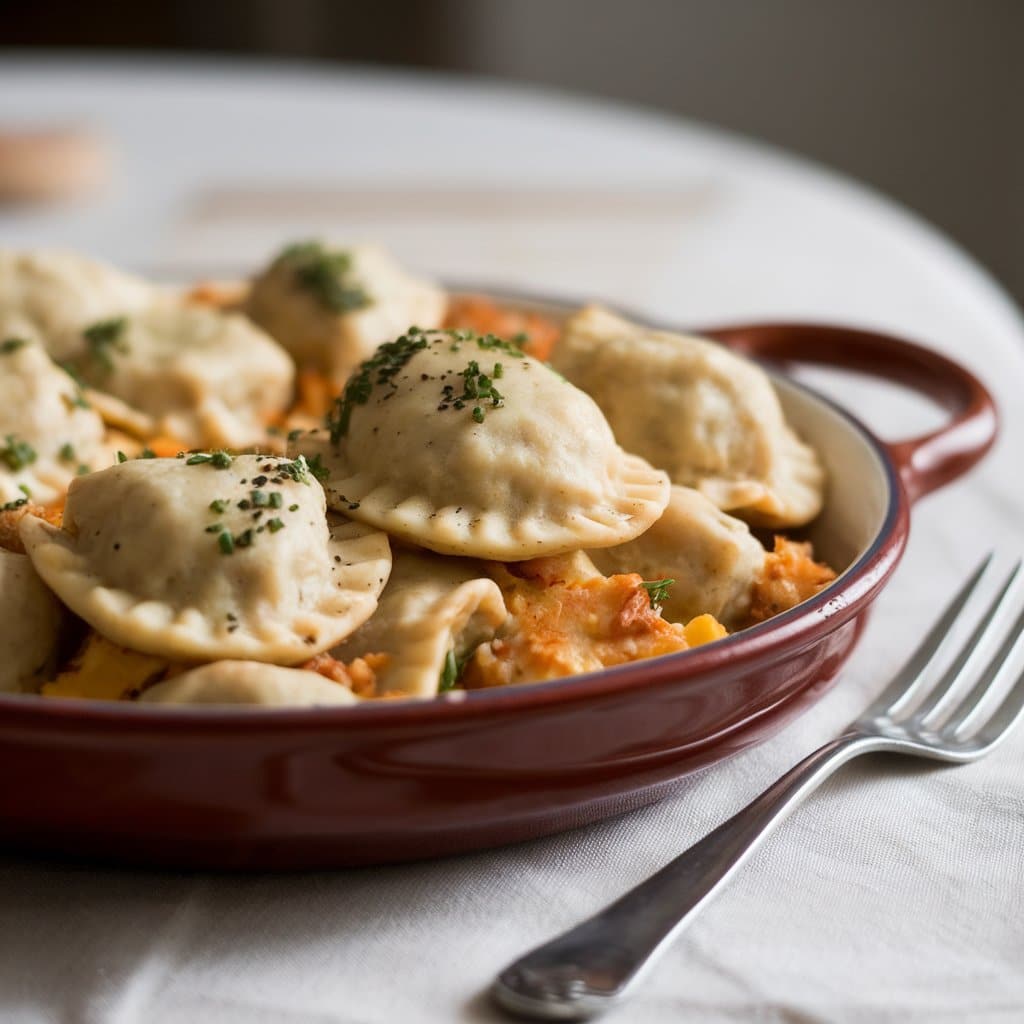 dish filled with Easy Crockpot Pierogi Casserole