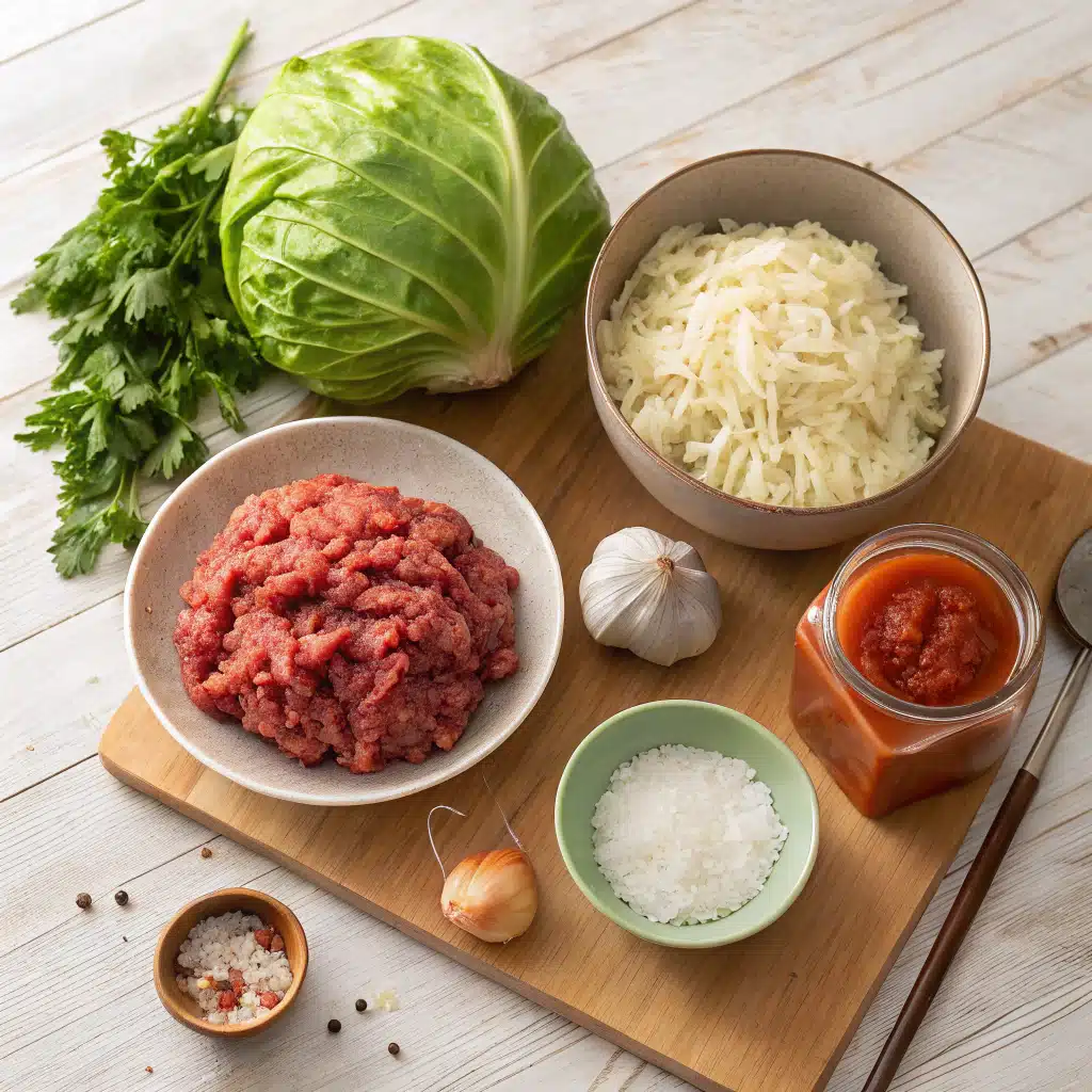 the ingredients for Polish cabbage rolls (Gołąbki)