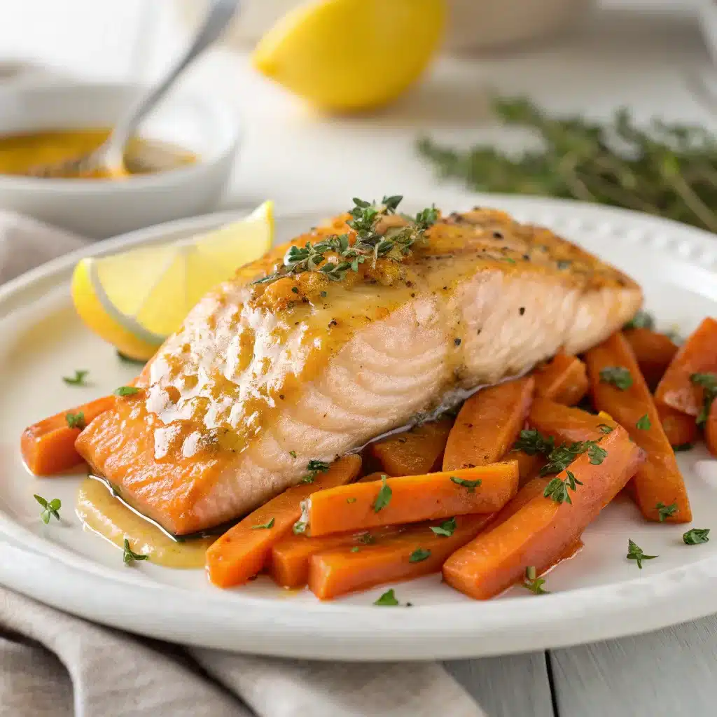 baked salmon fillet with a golden glaze, resting on a bed of sliced maple-glazed carrots