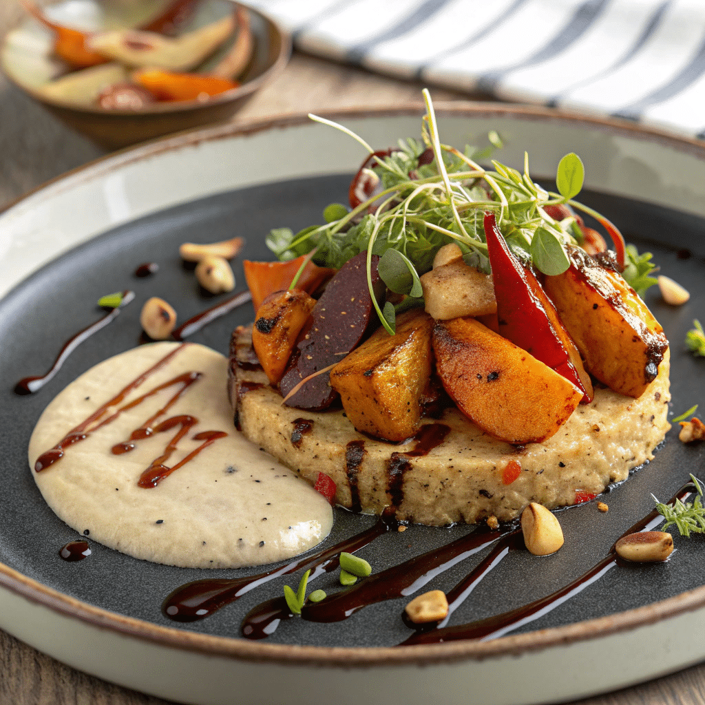 gourmet vegan dish featuring caramelized roasted vegetables, creamy cashew-based sauce, and microgreens