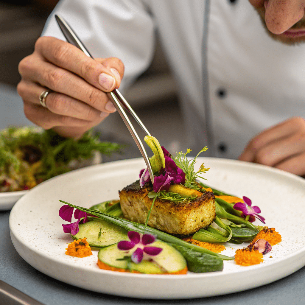 using tweezers to place edible flowers and delicate herb-infused sauces onto a gourmet vegan dish