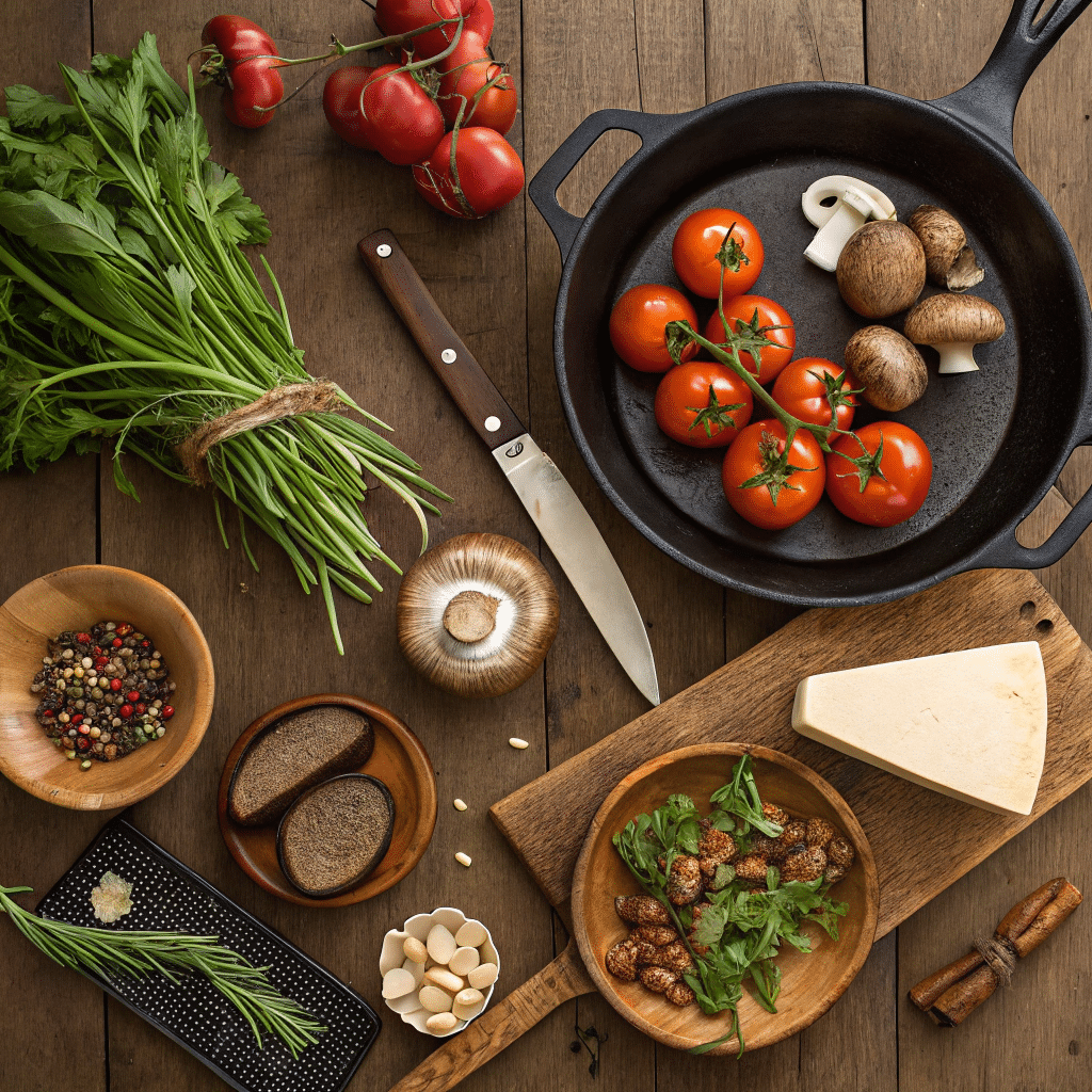 fresh organic ingredients for gourmet vegan cooking—shiitake mushrooms, heirloom tomatoes, leafy greens, nuts, spices, and artisanal vegan cheese