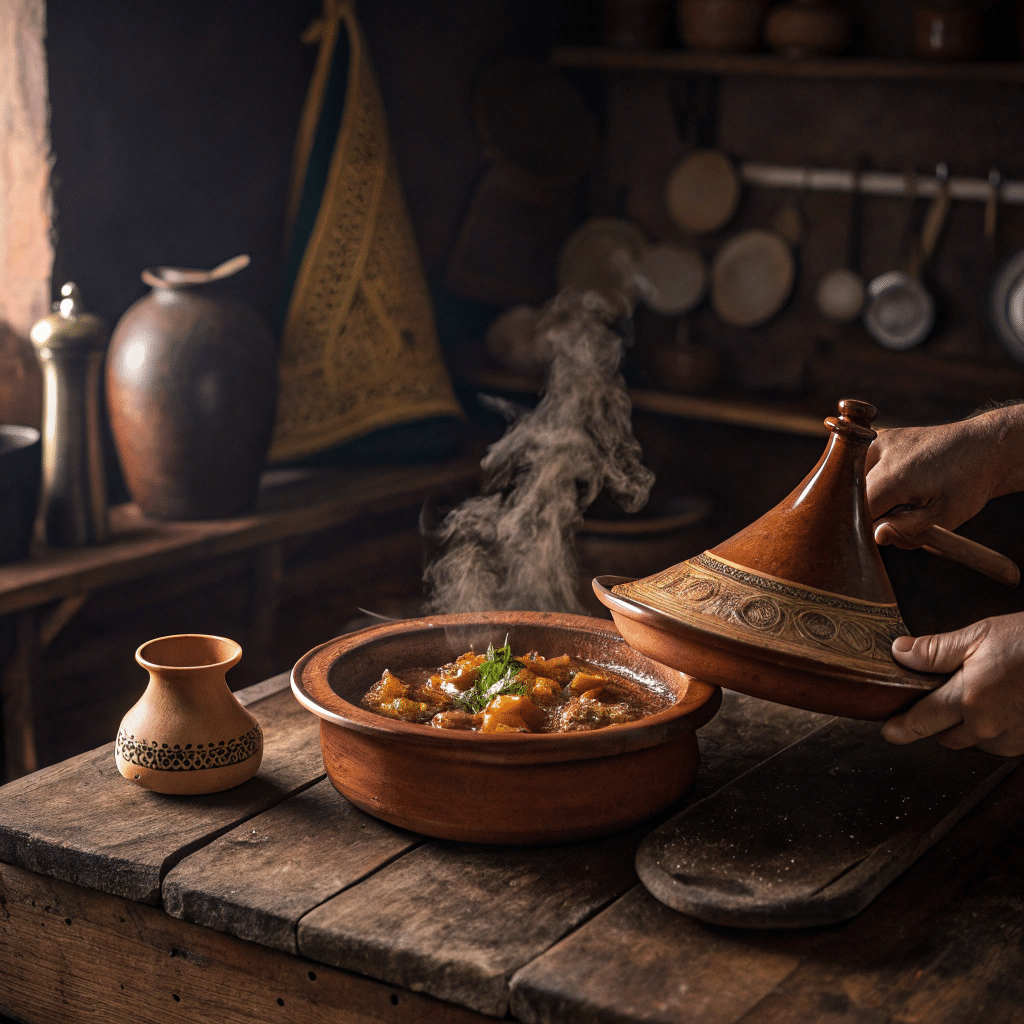 traditional clay tagine pot simmering on a worn wooden table