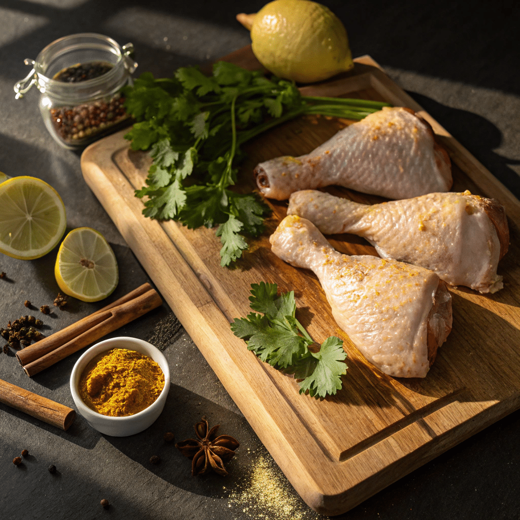 wooden cutting board with freshly washed and trimmed chicken thighs and drumsticks, their golden-brown skin glistening